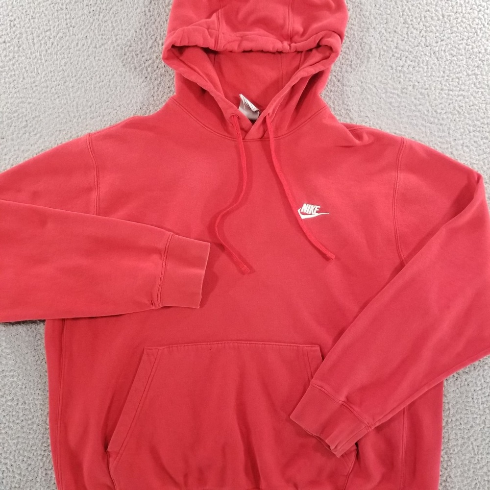 Nike Hoodie Mens Large Red Club Fleece Distressed Embroidered Kangaroo Pockets